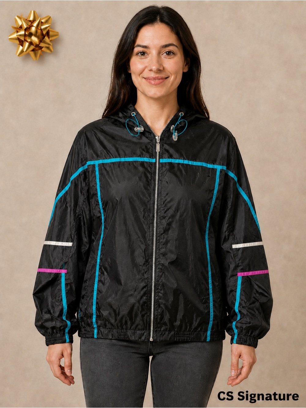 Vintage CS Signature Black Colorblock Hooded Windbreaker Women’s M